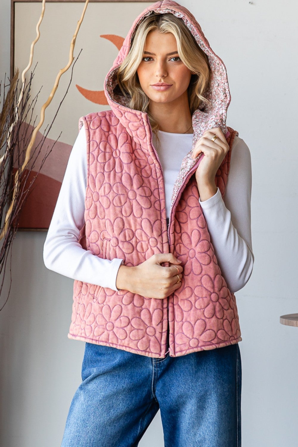 Oli & Hali Everywhere I Go Quilted Flower Hooded Vest In 2 Colors: Blush, Black *Final Sale*