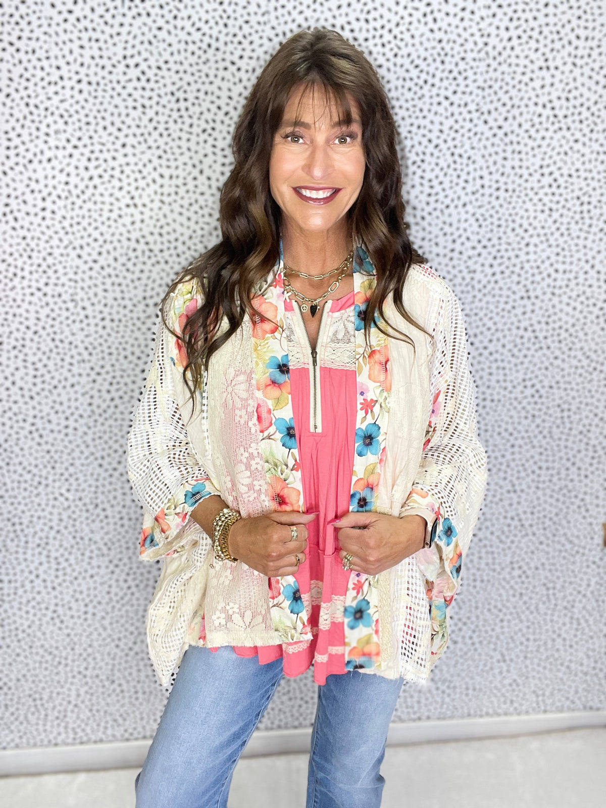POL Dynamic Flare Open Floral Pattern Cardigan In Natural