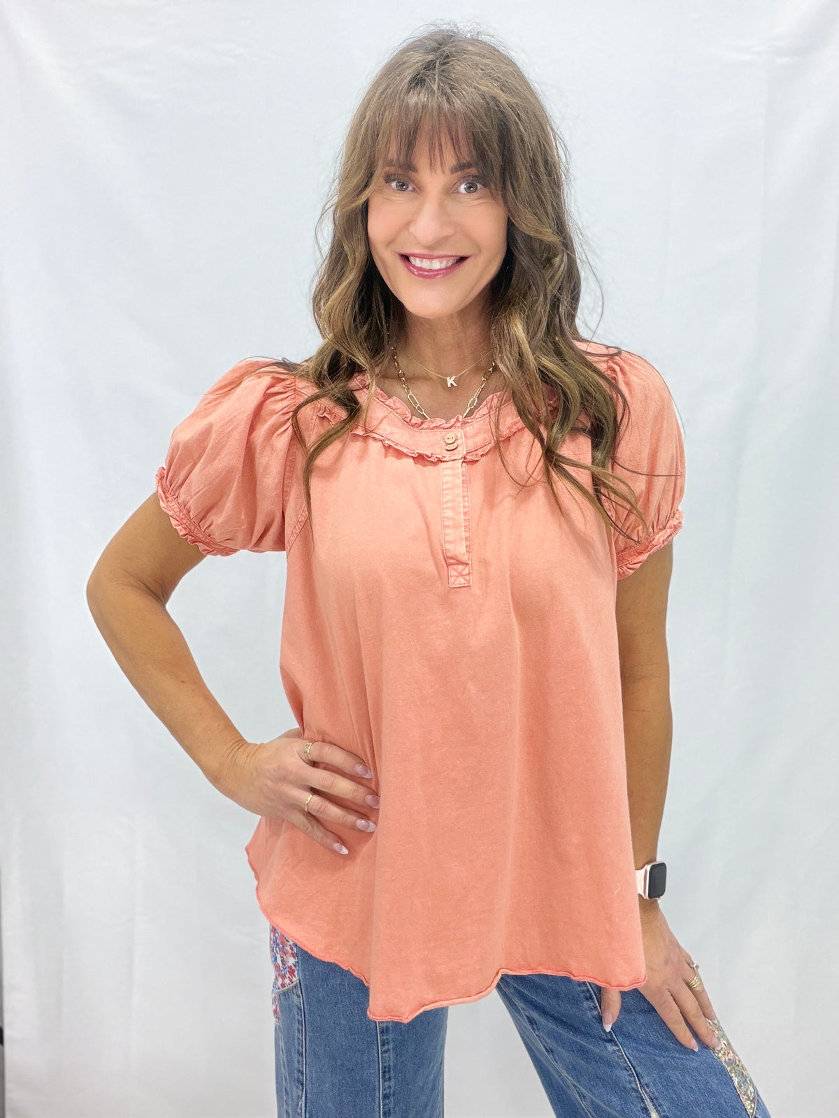 Ruffle Mineral Wash Top In 2 Colors