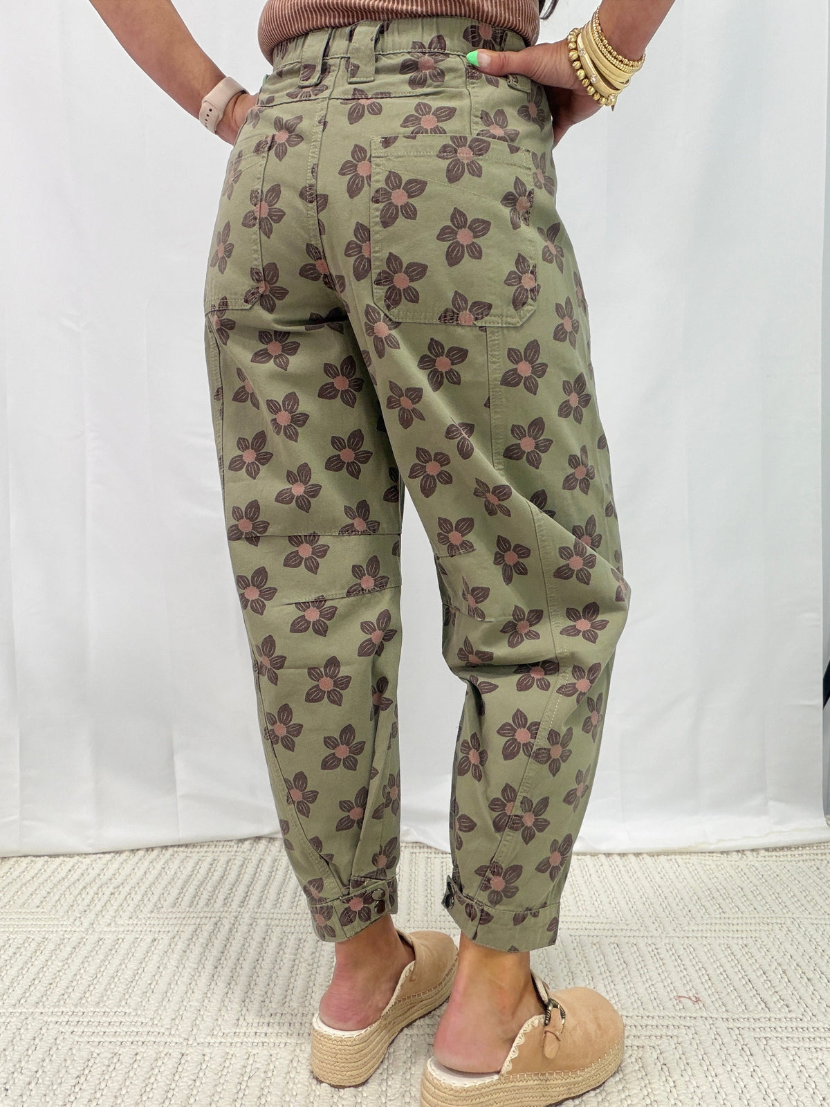 Picture This Flower Print Barrel Pants In Olive