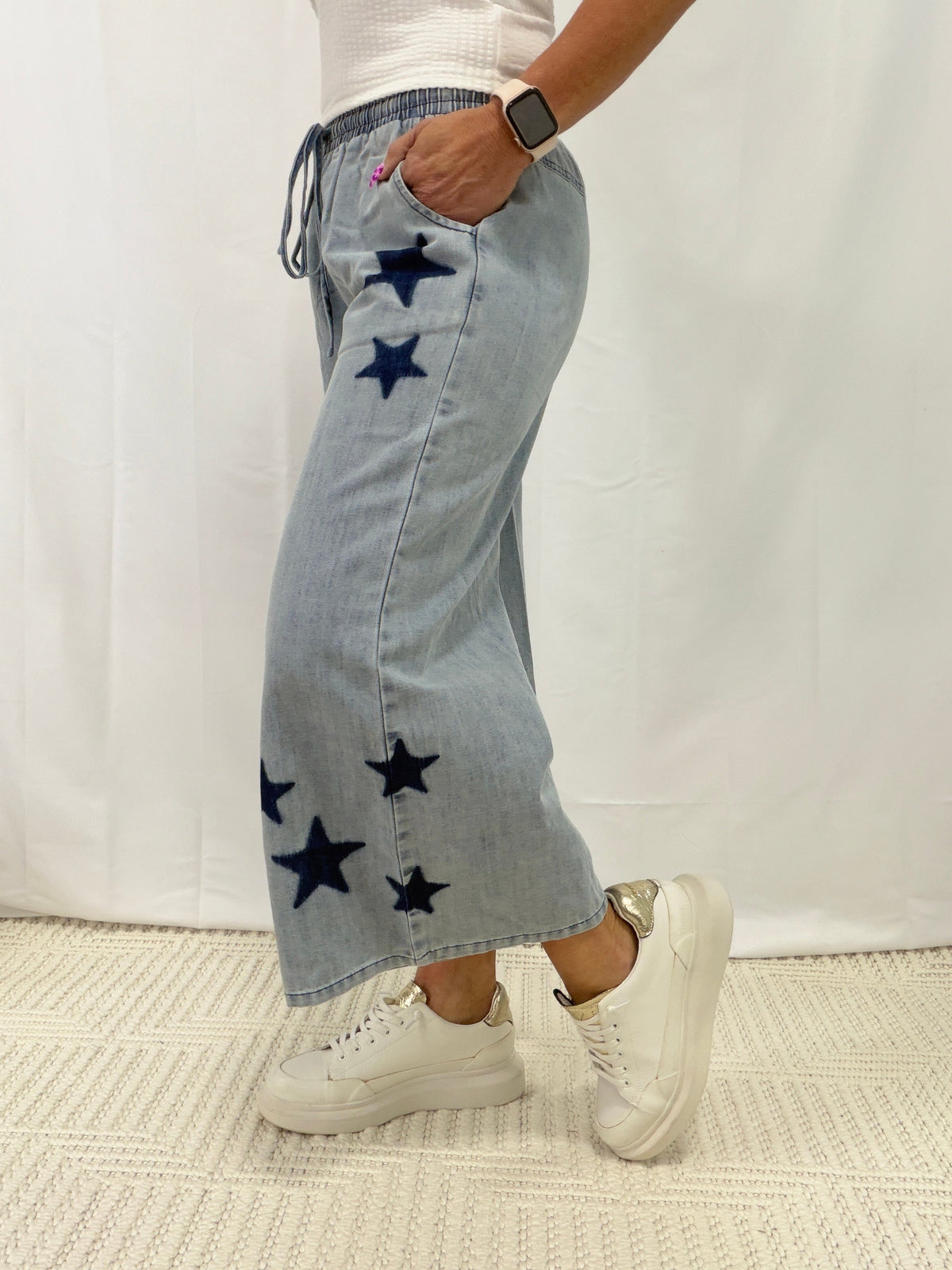 Chase My Dreams Starry Wide Leg Pants In Light Denim
