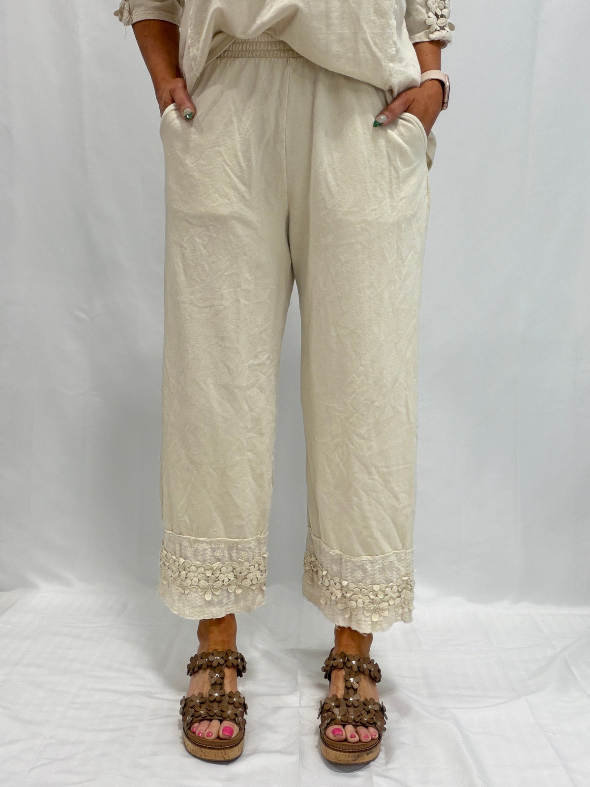 Petal Pusher Mineral Washed Floral Trim Lounge Pants in 3 Colors
