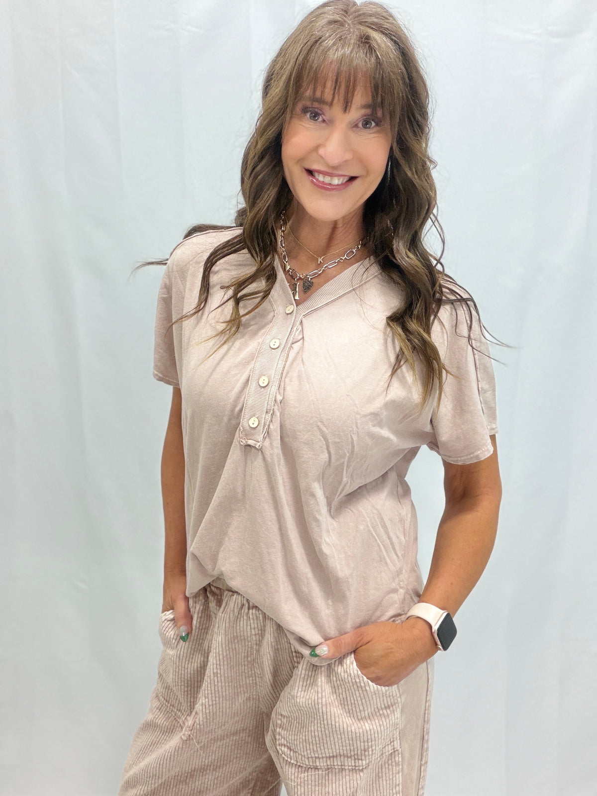 So Effortless V-Neck Button Detail Top In 4 Colors