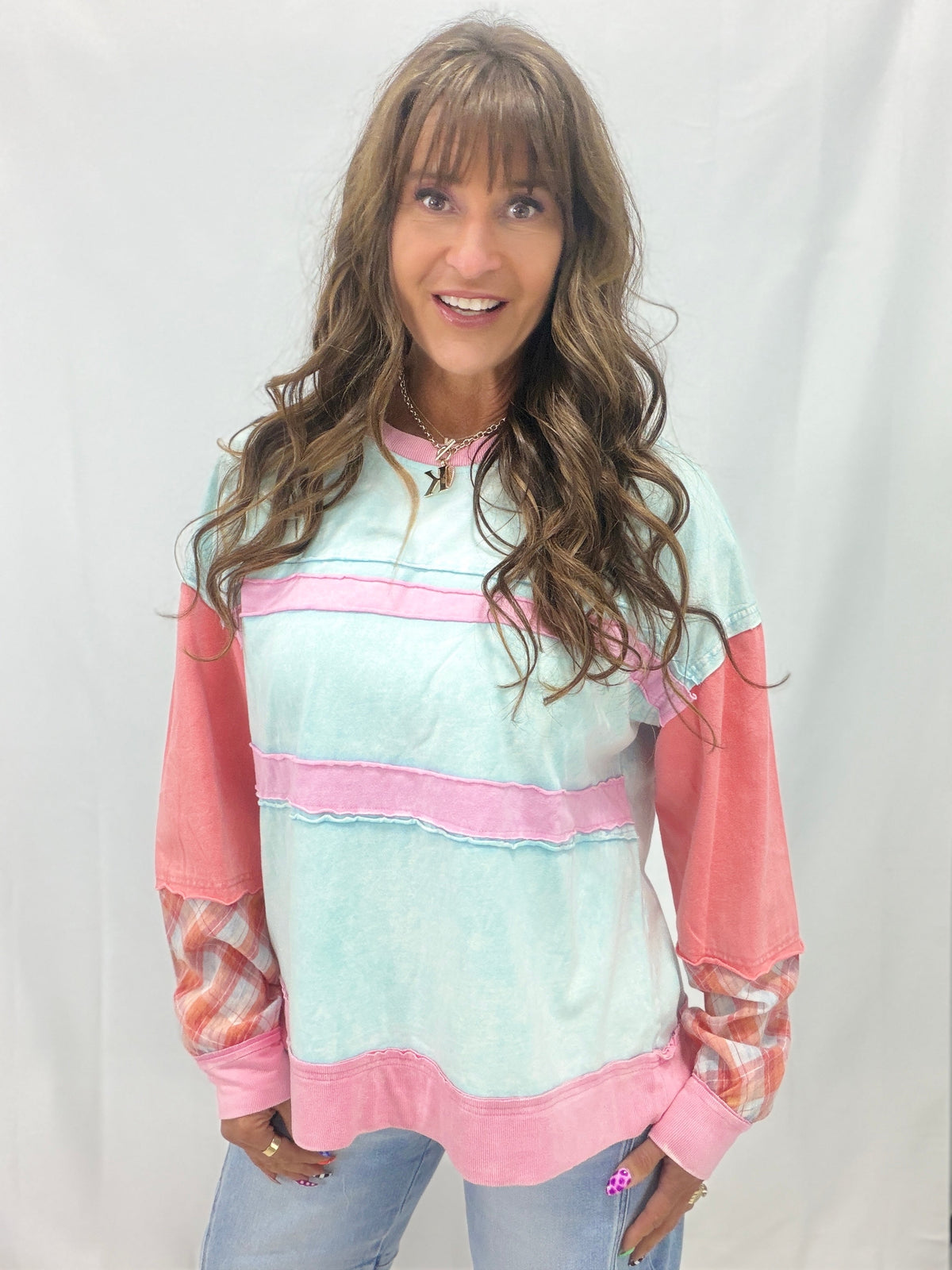 In And Out Of The Beams Plaid Patchwork Top In Multi