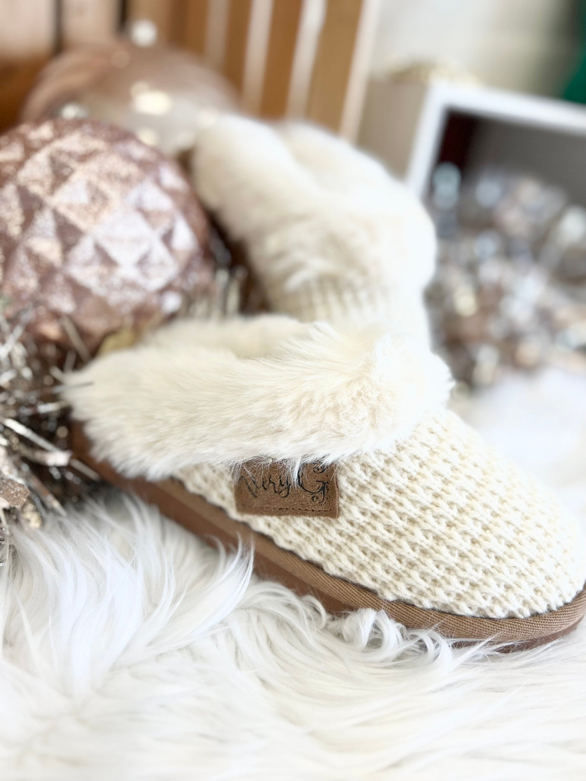 Sweater Cozy Fuzzy Knit Slippers In Cream *Final Sale*