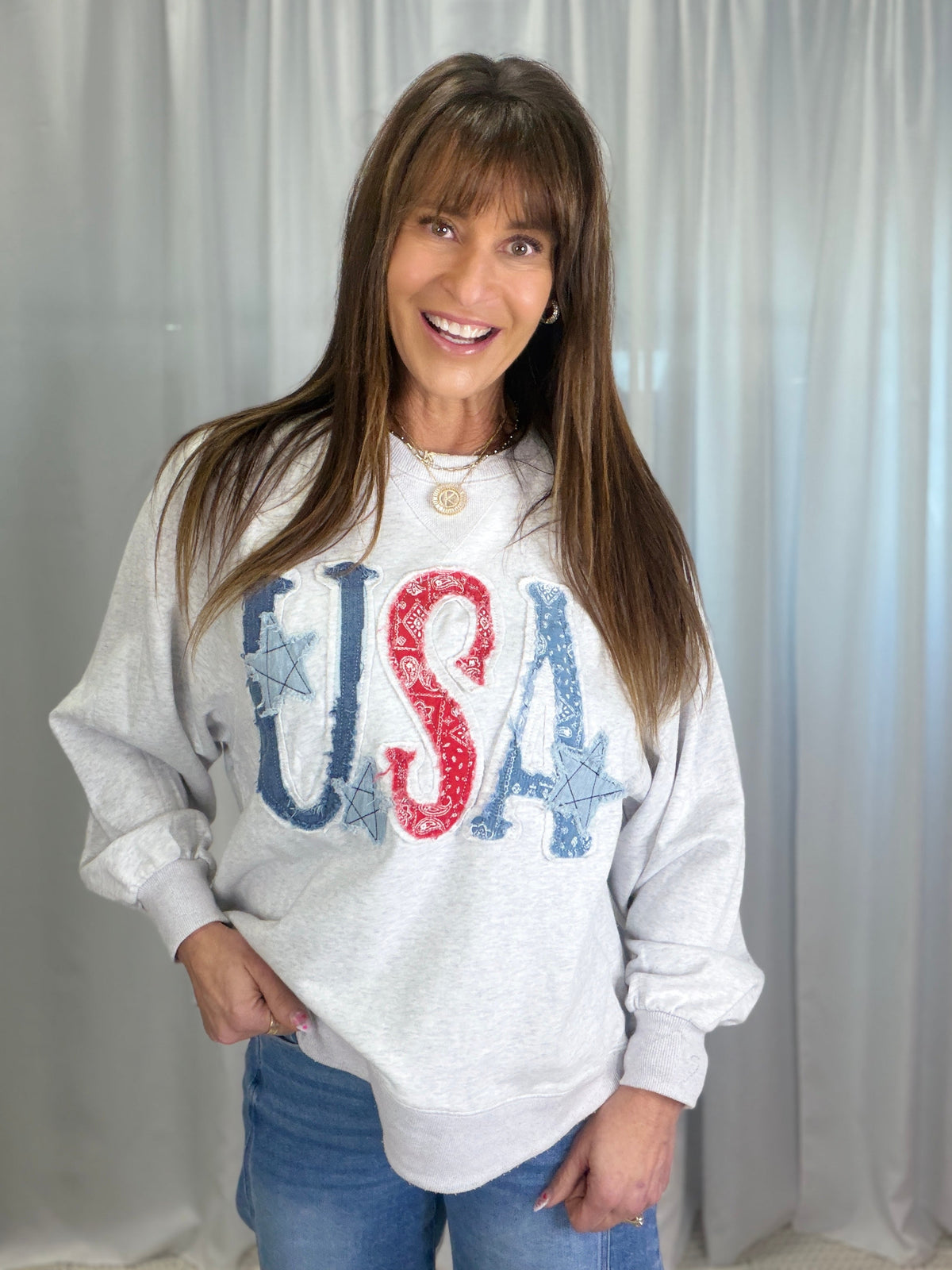 Americana Patchwork Pullover In Grey