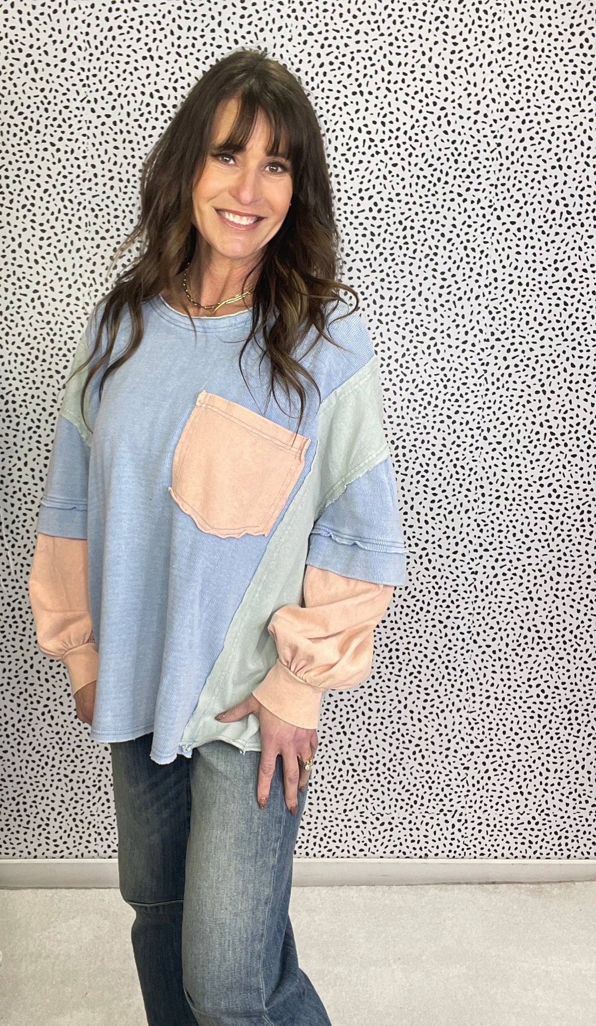 Peace Of You Back Patch Long Sleeve Top In Blue