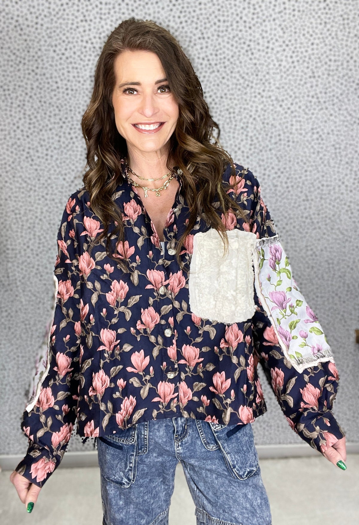 POL Talk To Me Contrast Floral Paneled Shacket *Final Sale*