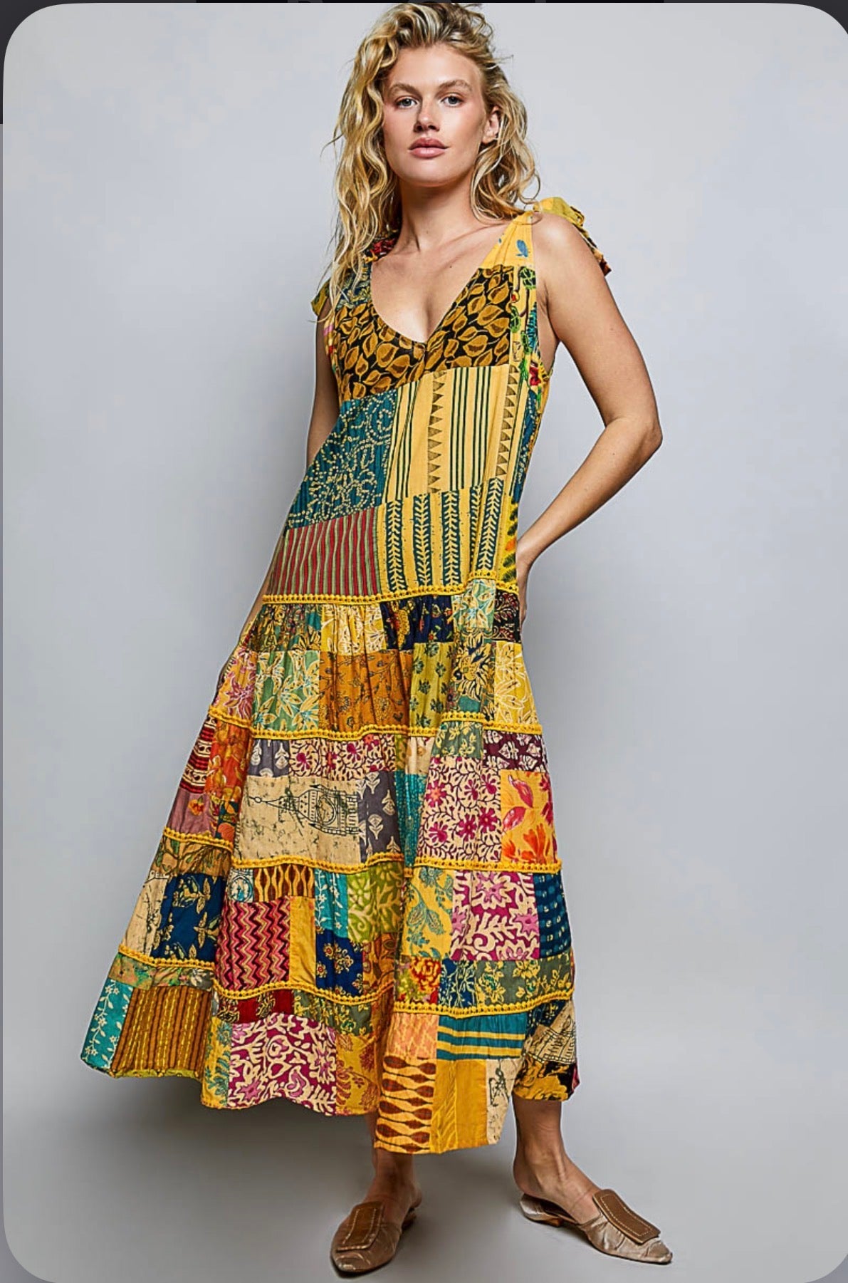 POL Boho Dream V-Neck Sleeveless Dress In Honey Multi