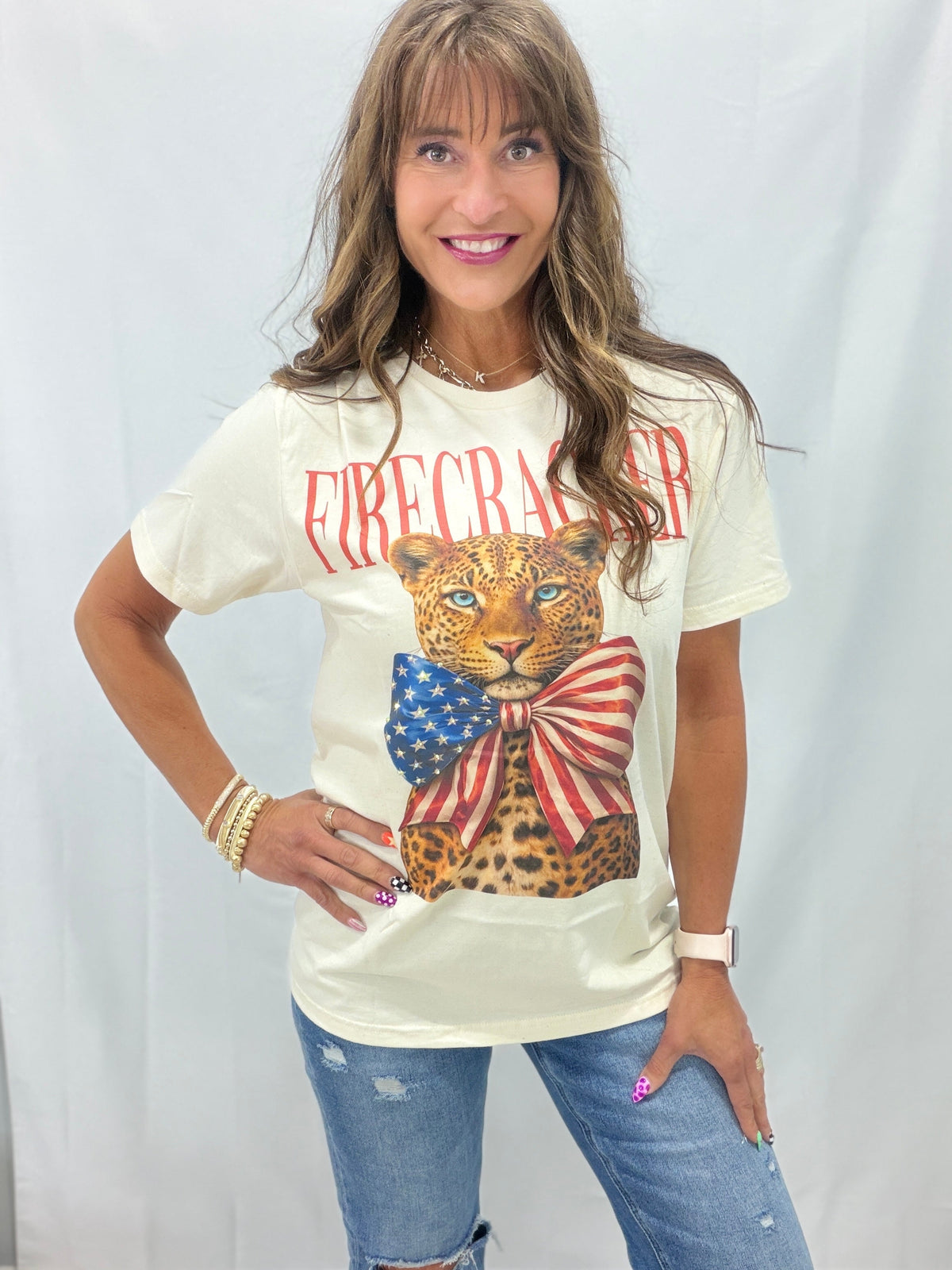 Firecracker Leopard Crystal Bling Graphic Tee With Cream*Final Sale*