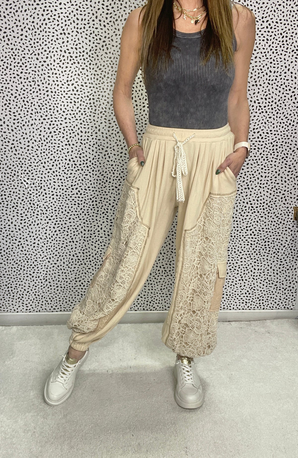 POL Give Me Your Best Crochet Mix Pants In 2 Colors: Almond, Black *Final Sale*