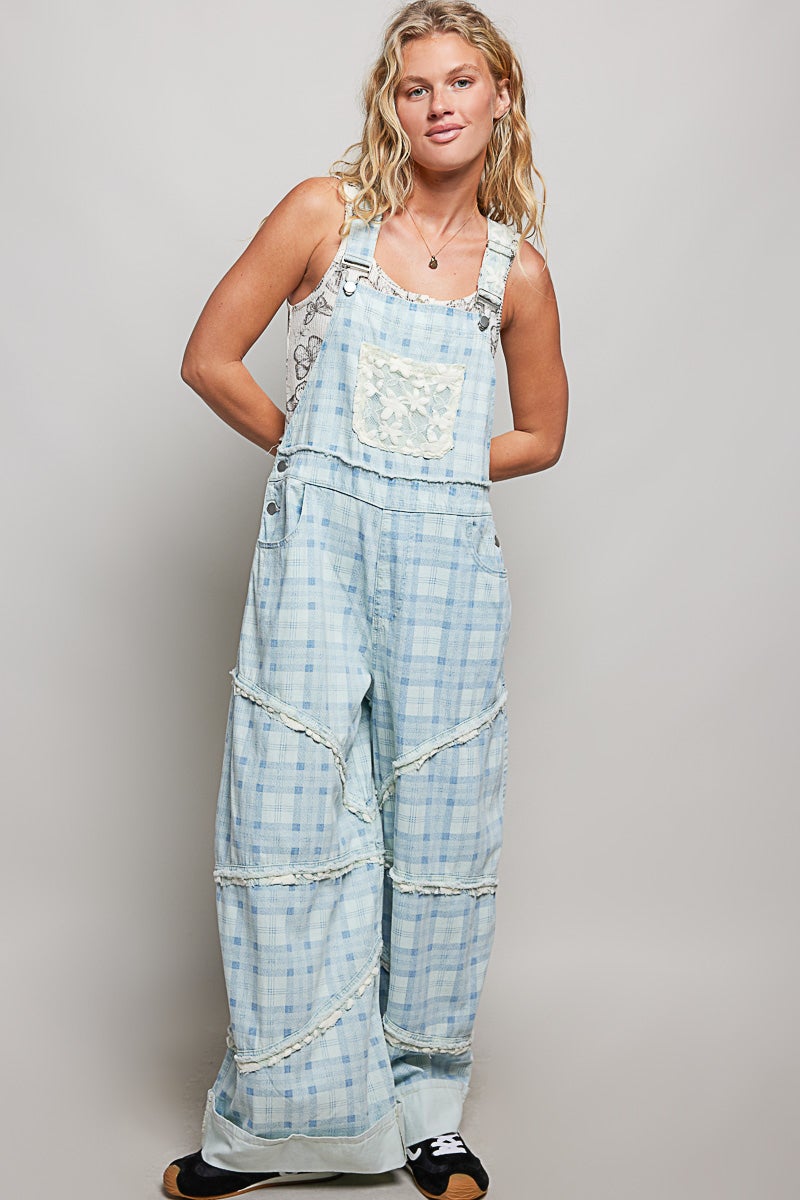 POL Relaxed Fit Denim Overalls In Blue Plaid