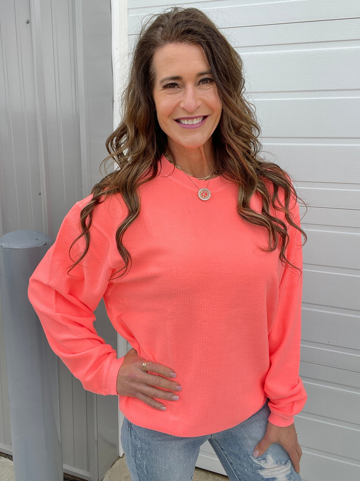 Neon Snow Washed Corded Crewneck in Neon Coral, Yellow, Pink, Lime
