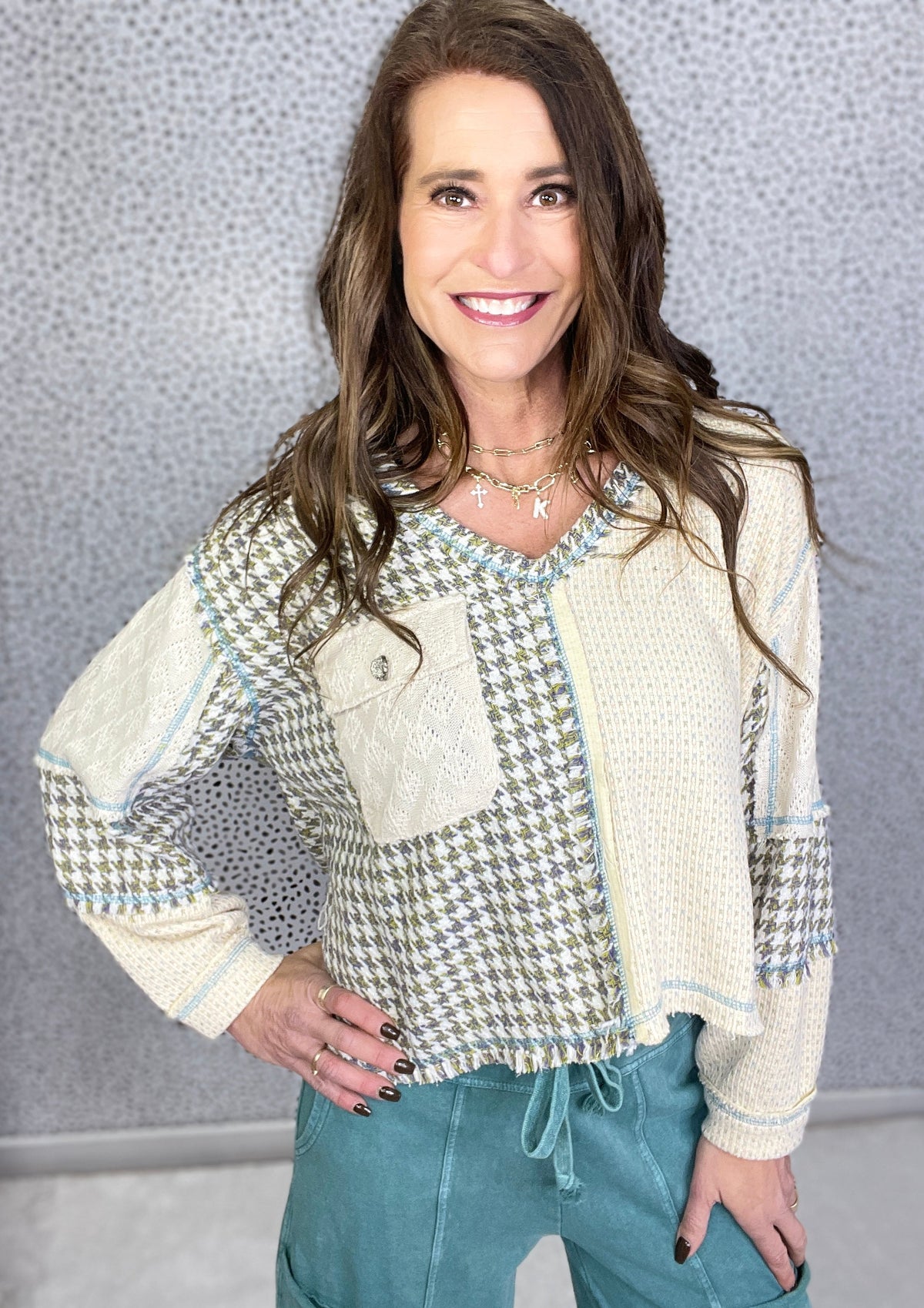 POL Steady And True Tweed Patch Long Sleeve Top In 2 Colors *Final Sale*