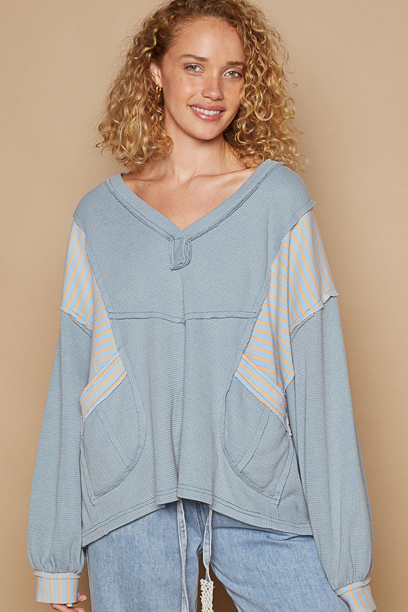 POL Woven Whimsy V-Neck Long Sleeve Top In Blue *Final Sale*