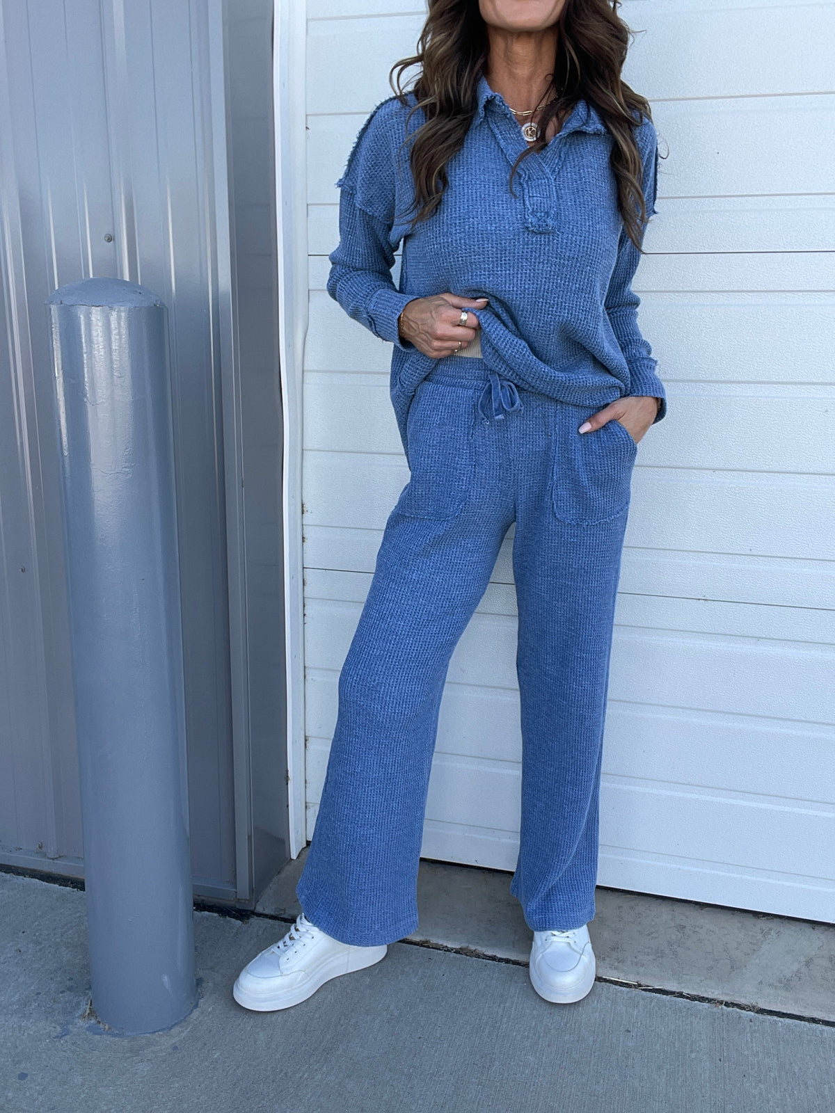 On To The Weekend Cotton Waffle Knit Straight Leg Casual Pants In 3 Colors: Black, Brown, Blue