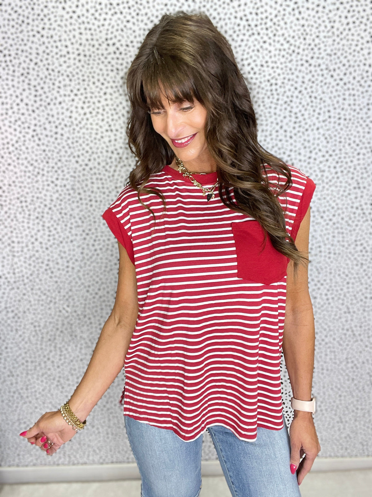 Gracie P Stripe Pocket Patch Round Neck Sleeveless Top in 2 Colors