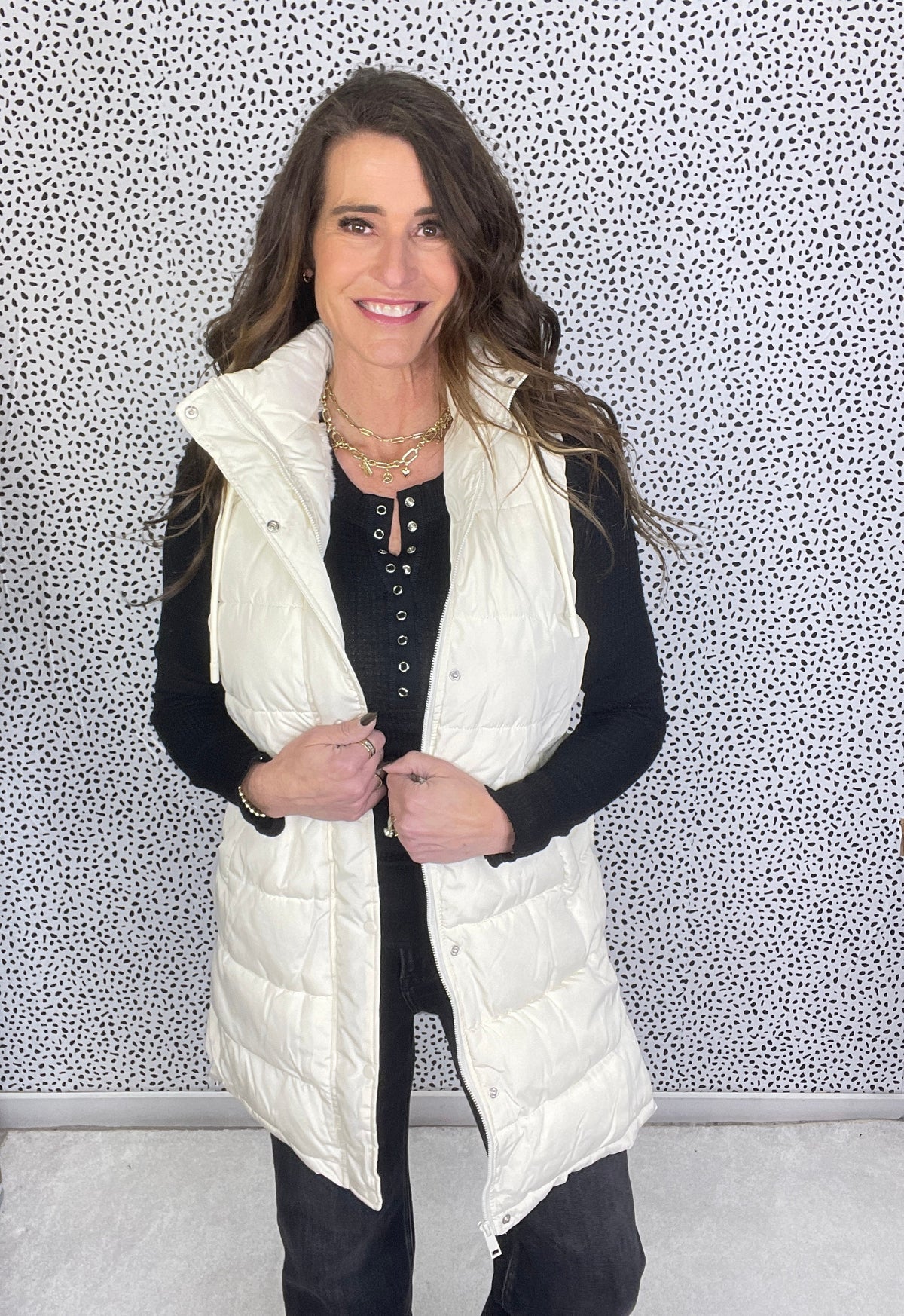Follow Me Long Puffer Hooded Lined Vest In Ivory *Final Sale*