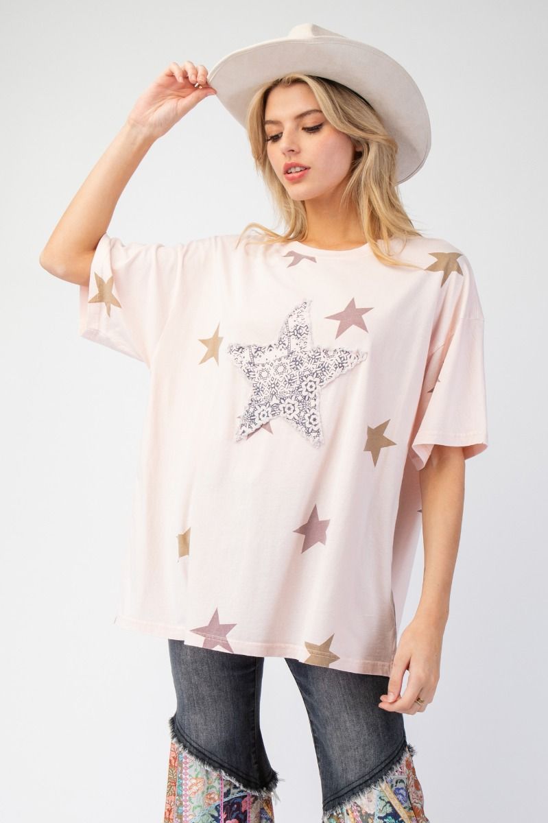 Starry Eyed Washed Star Patch And Print Knit Top In 4 Colors