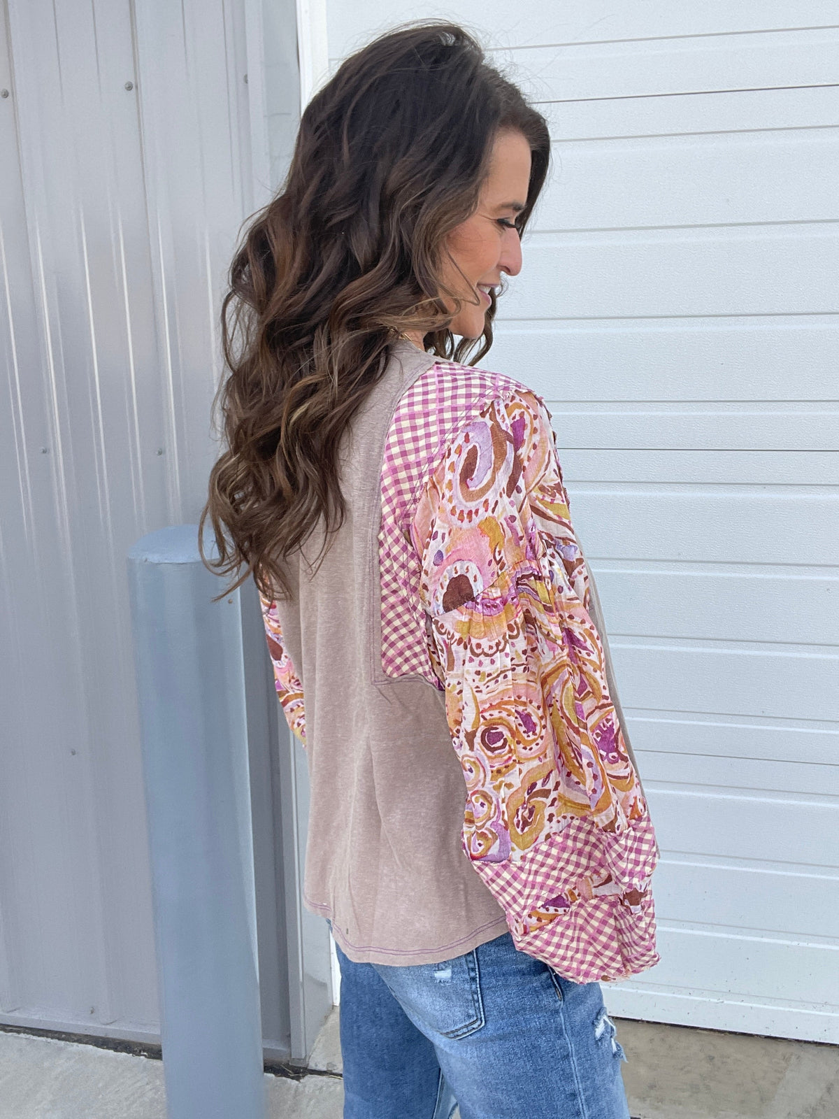 Show Me Around Mix Print Top In 5 Colors: Grey, Khaki, Camel, Olive, Mushroom *Final Sale*