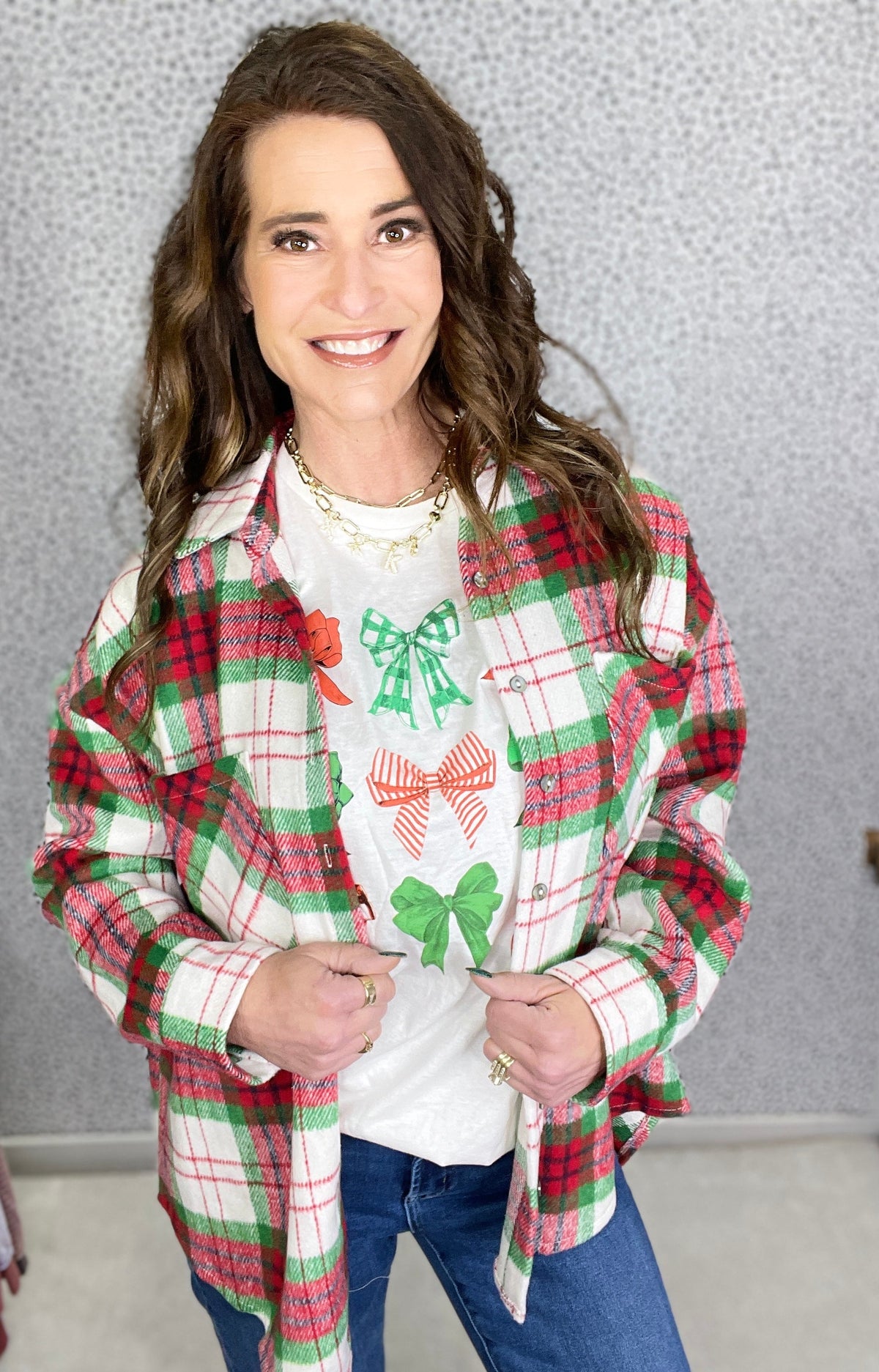 Holiday Plaid Front Pocket Oversized Shirt Jacket
