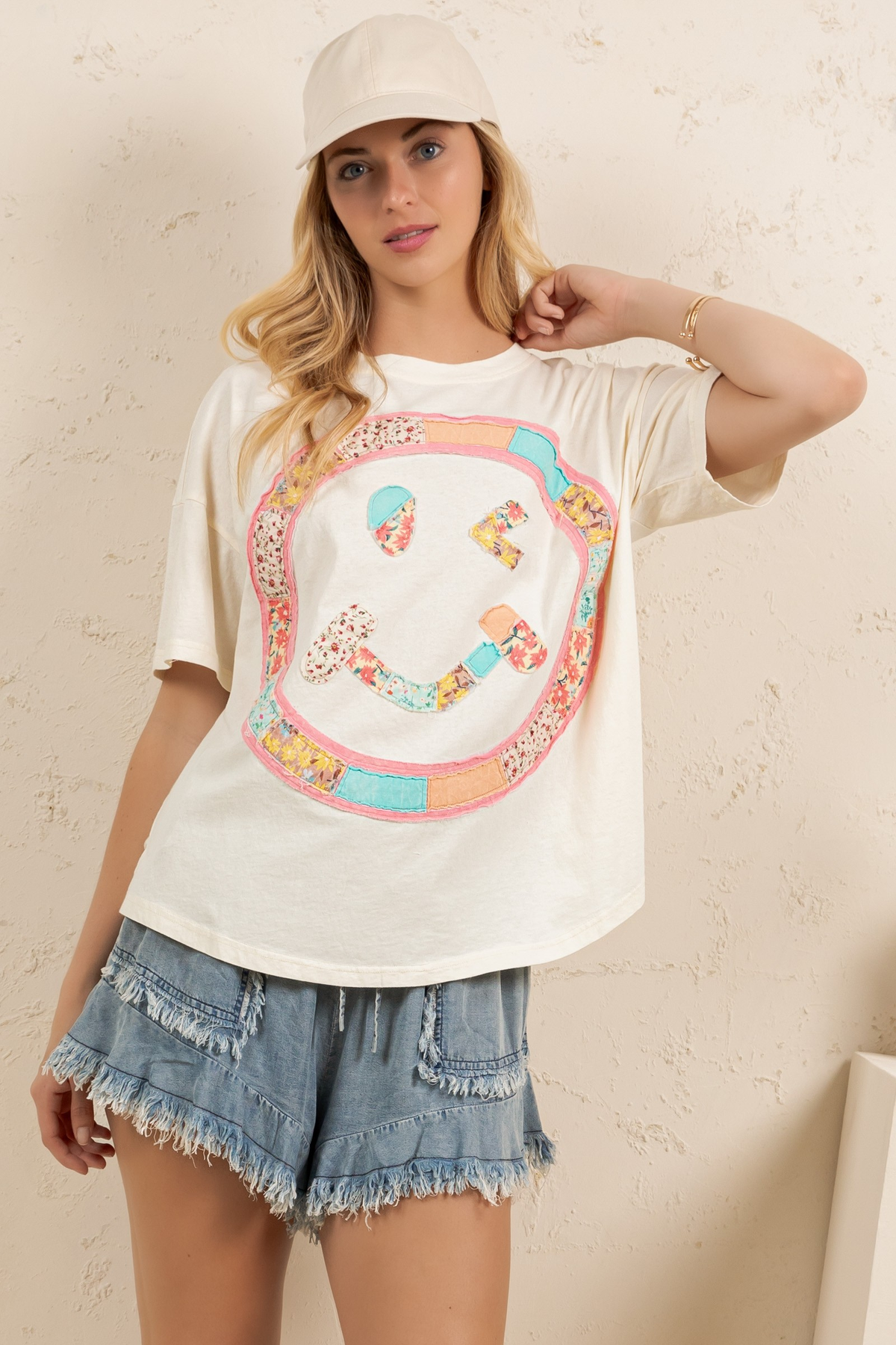 That's The Chance Patchwork Smiley Top In Cream