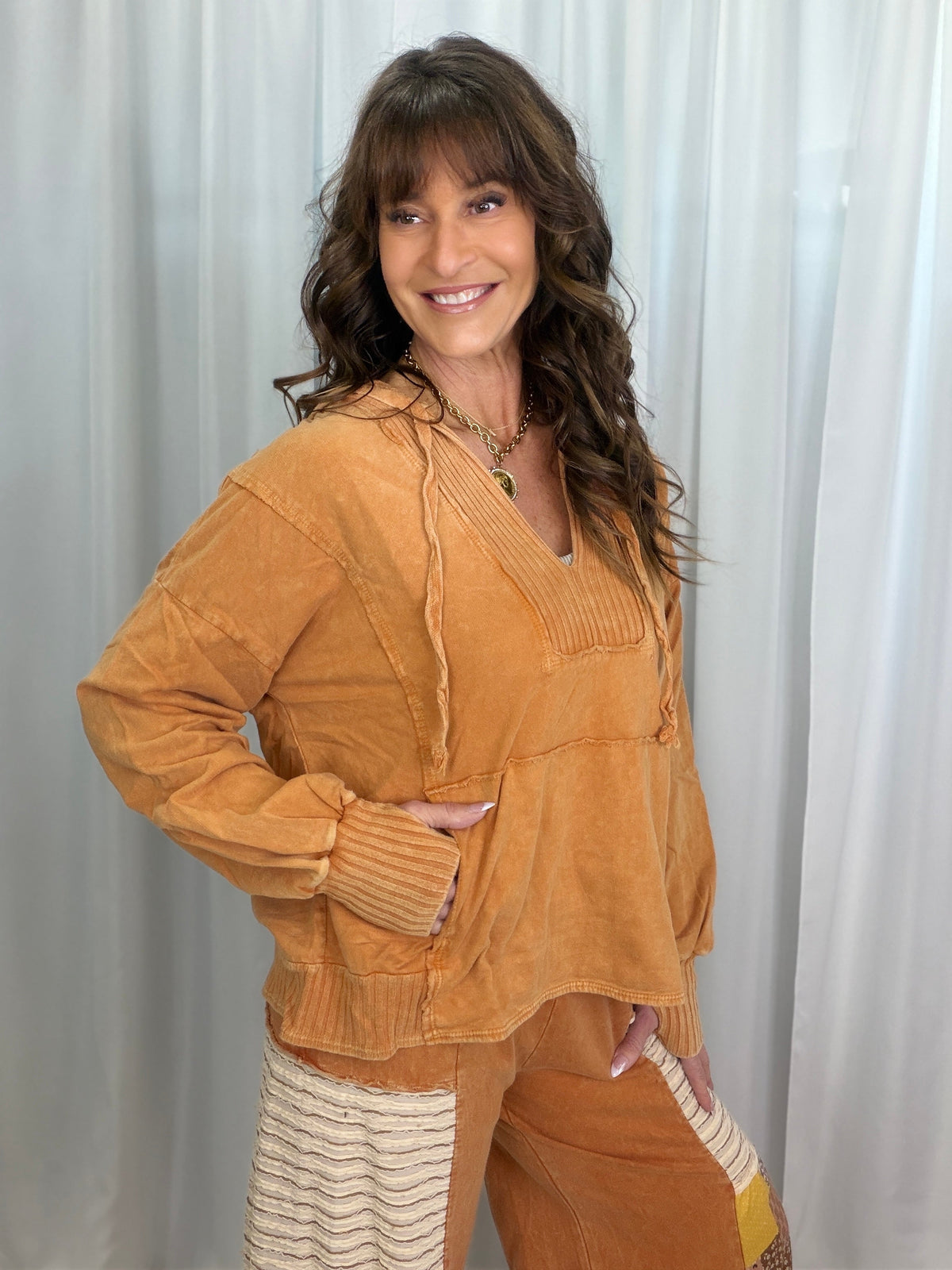 Lucky Lady Ribbed Accent Lightweight Hoodie Top  In 3 Colors