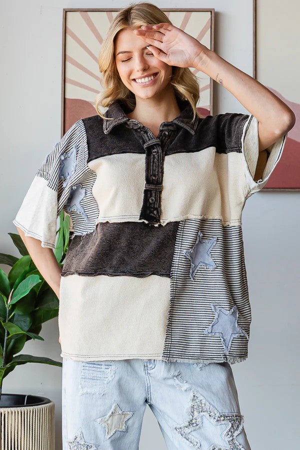 Oli & Hali Starlight Dreamer Star Patchwork Top In Black *Final Sale*