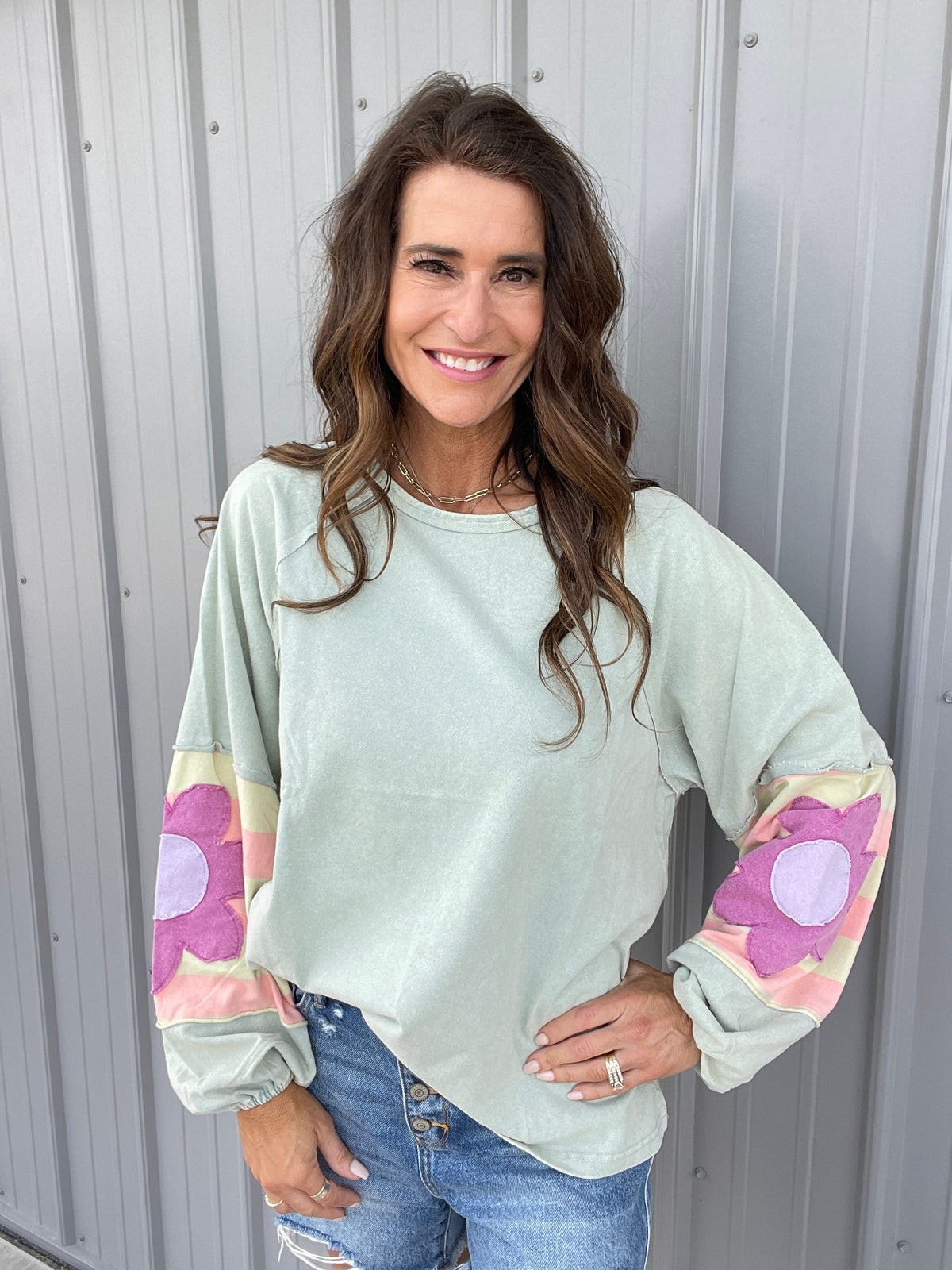 Faded Floral Patch Terry Knit Mineral Washed Long Sleeve Pullover in 4 Colors
