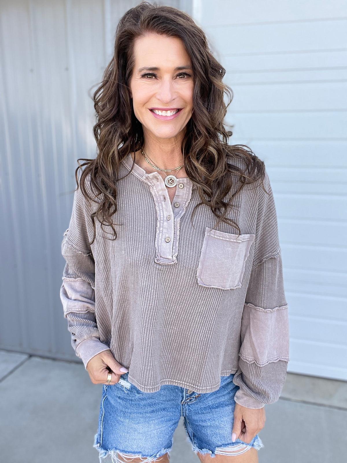 Step Right Up Thermal Mix Top In 3 Colors: Brown, Rose, Khaki *Final Sale*