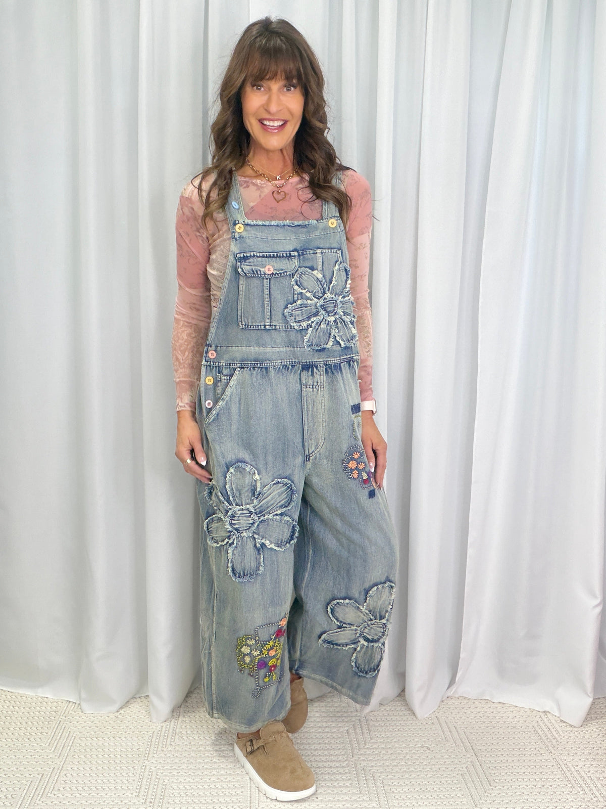 Flower Patchwork Overalls In Denim