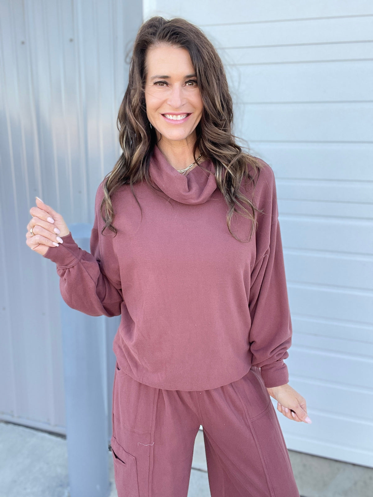 Moving On Brushed Hacci Top In 3 Colors: Charcoal, Cinnamon, Teal *Final Sale*