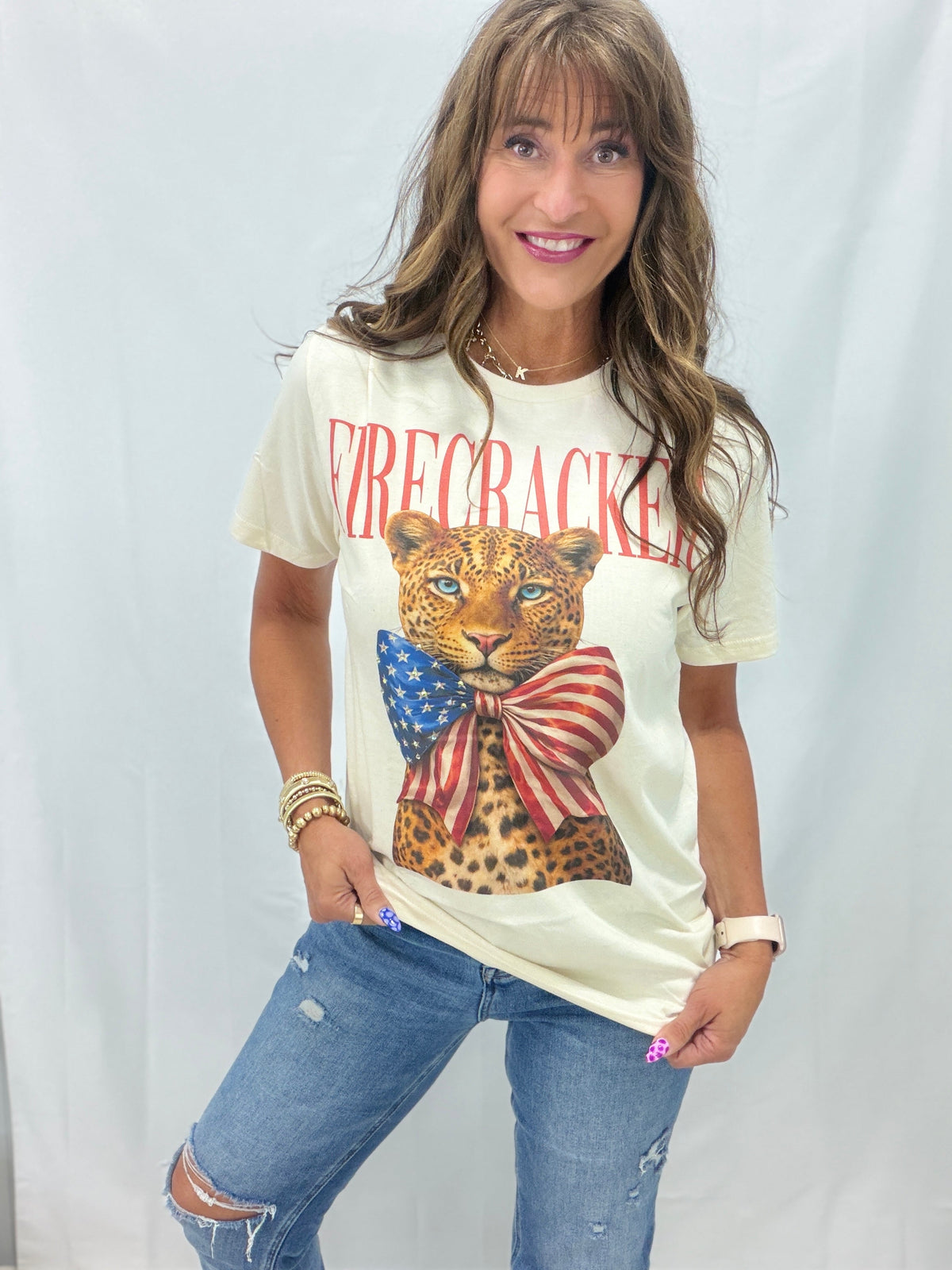 Firecracker Leopard Crystal Bling Graphic Tee With Cream*Final Sale*