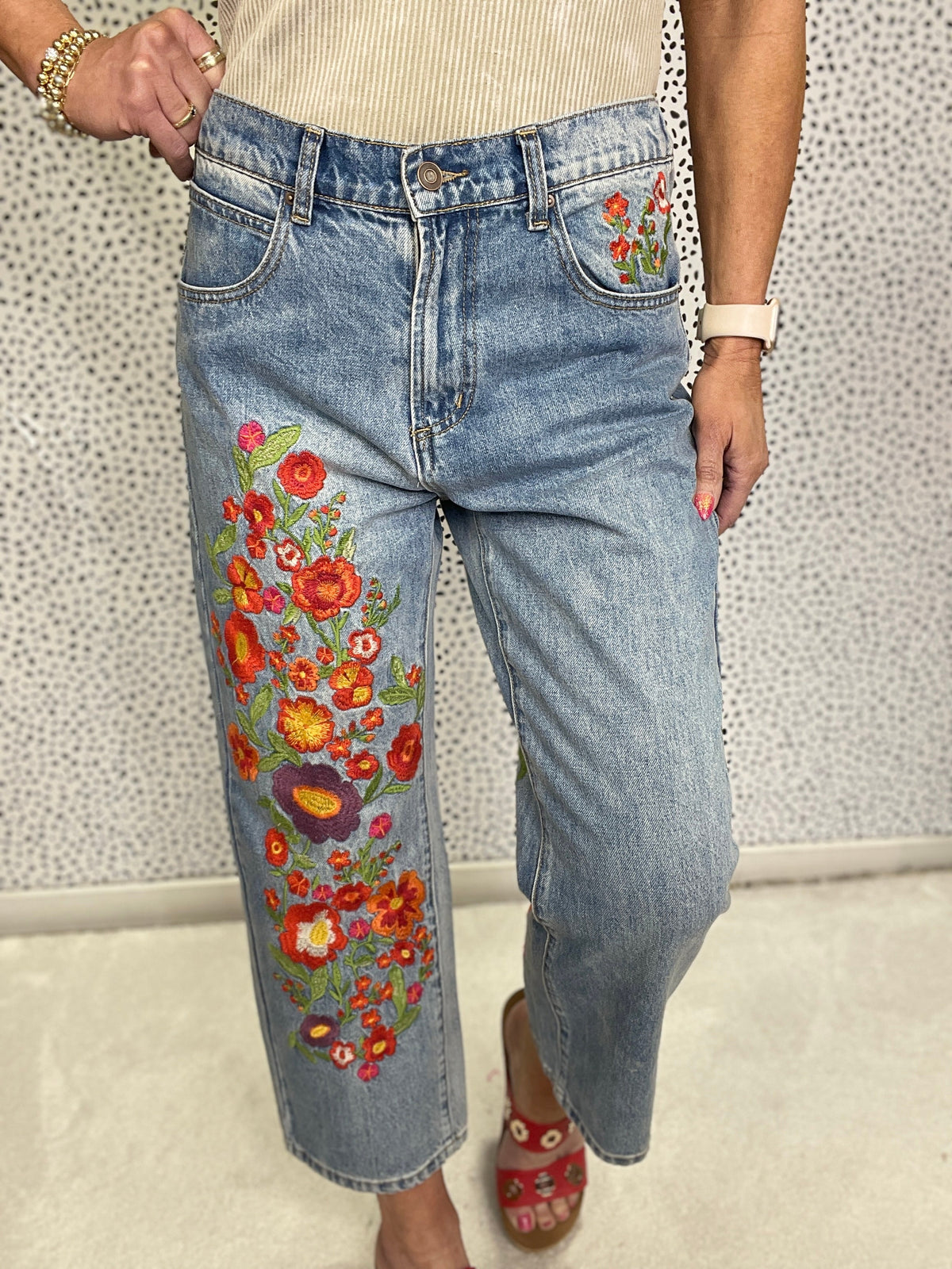 Oli & Hali Rachelle Washed Flower Embroidered Jeans 001 In Denim *Final Sale*