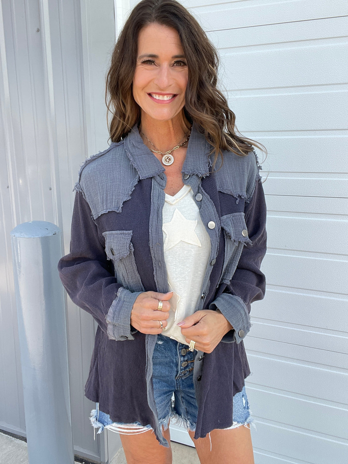 Pol Ready Set Go Thermal Knit And Gauze Button Front Shirt In 3 Colors: Ivory, Navy, Olive *Final Sale*