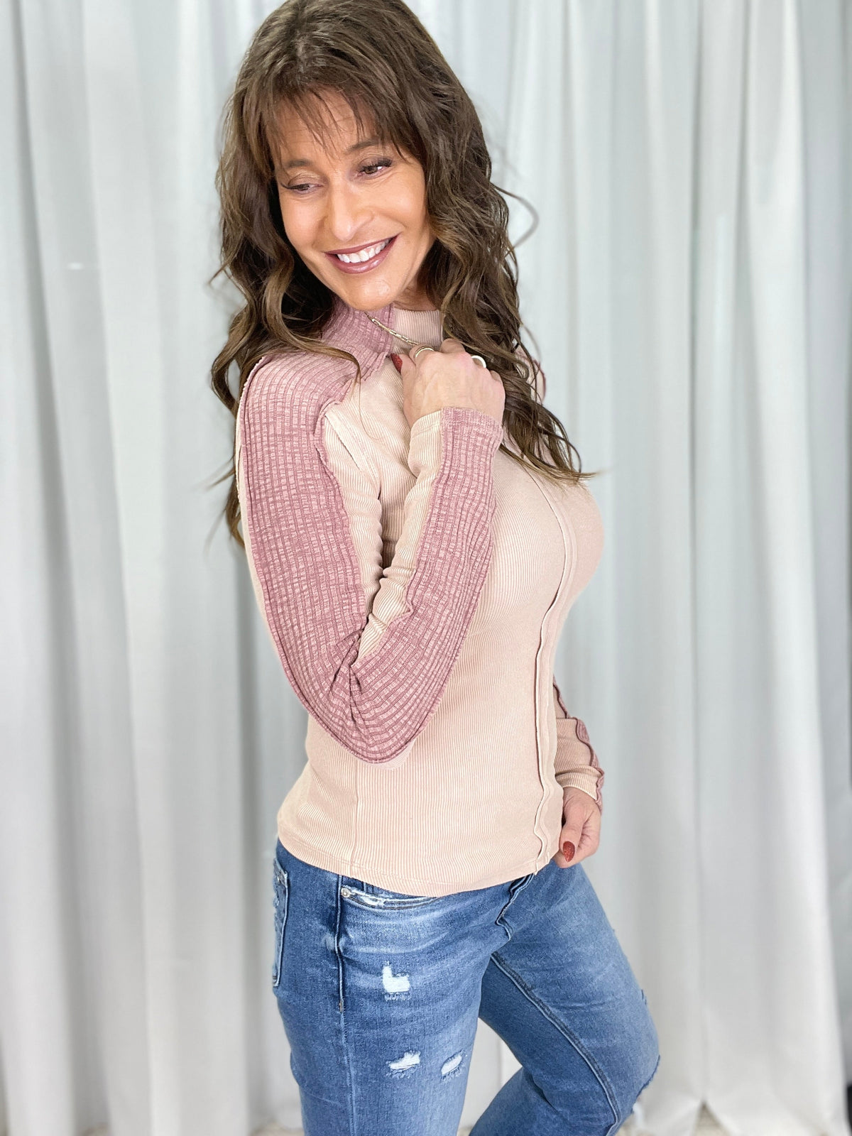 Oli & Hali Unscripted Story Funnel Neck Waffle Top In 3 Colors