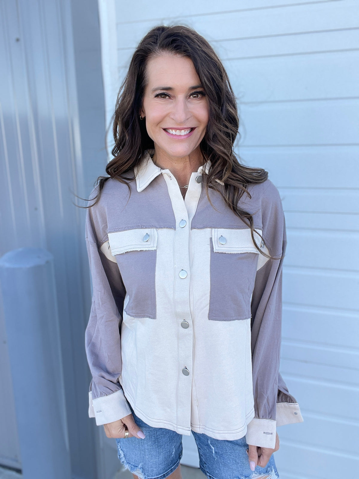 Urban Chill Colorblock Shacket In 2 Colors: Ash, Matcha
