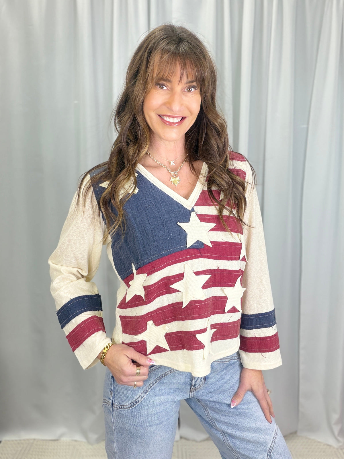 POL Born To Shine Flag Patch Top In 2 Colors