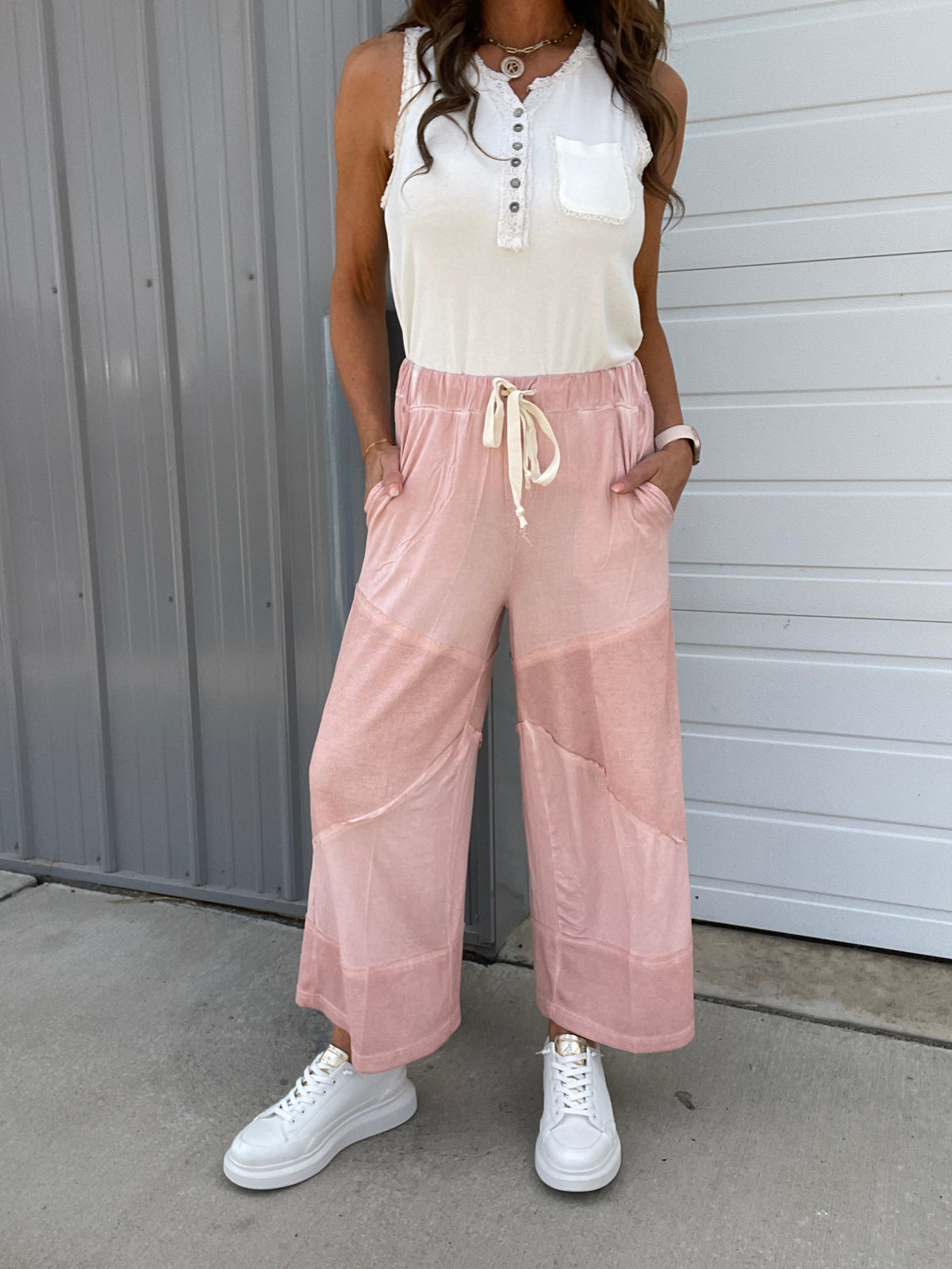 Pol Play Date Loose Wide Leg Cropped Pants In 7 Colors: Aqua, Lilac, Grey, Pink, Beige, Black, Desert Sage *Final Sale*