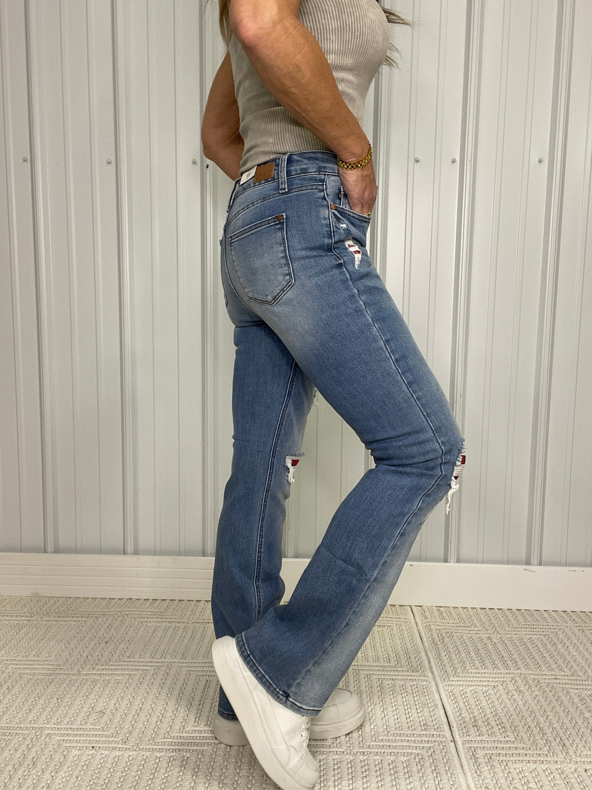 Judy Blue Holly Plaid Patch Boot Cut Jeans 696