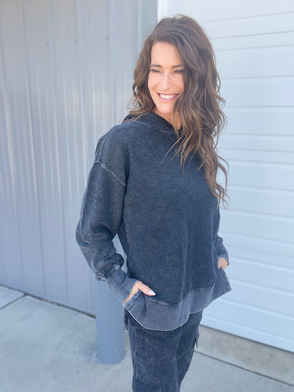 Snow Washed Corded Hoodie In 3 Colors: Black, Light Mocha, Light Purple