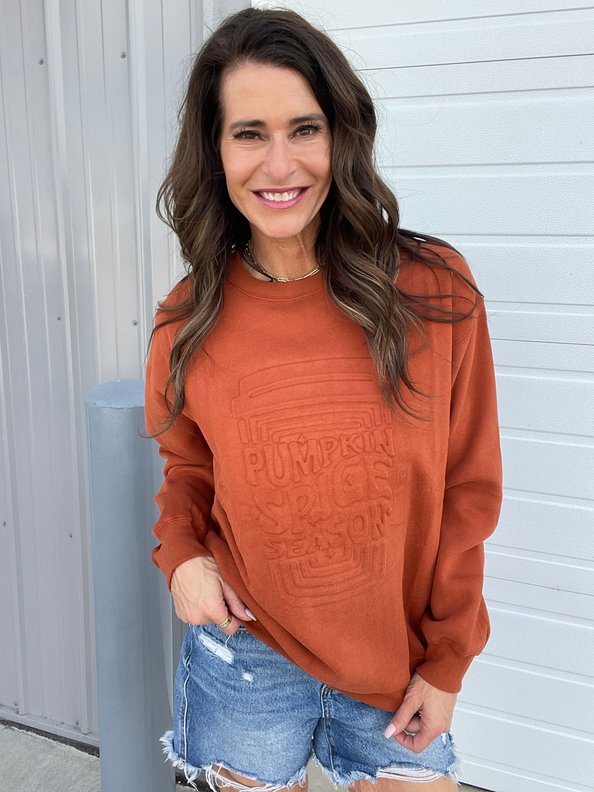 Corn Maze Pumpkin Spice Latte Embossed Crewneck Sweatshirt *Final Sale*