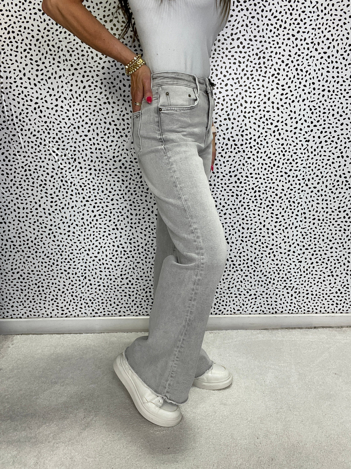 Mica Cherice Super High Wide Leg With Raw Hem Jeans 442 In Grey *Final Sale*