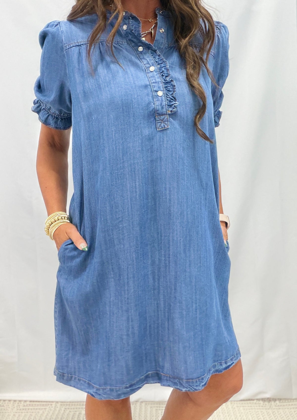 Button Front Washed Denim Dress In 2 Colors