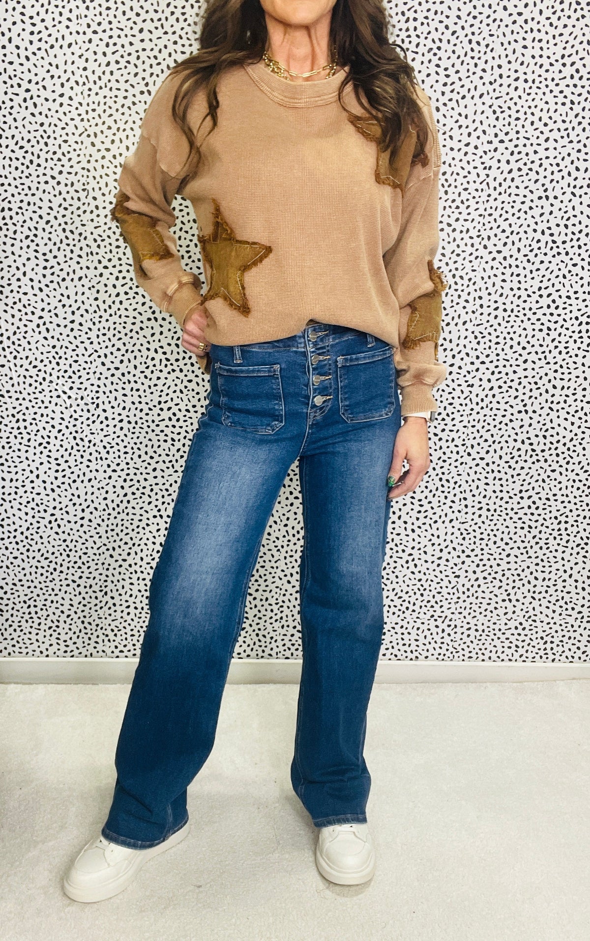 Risen Cindy High Rise Wide Bottom Button Down Front Patch Pocket Cuffed Jeans 965