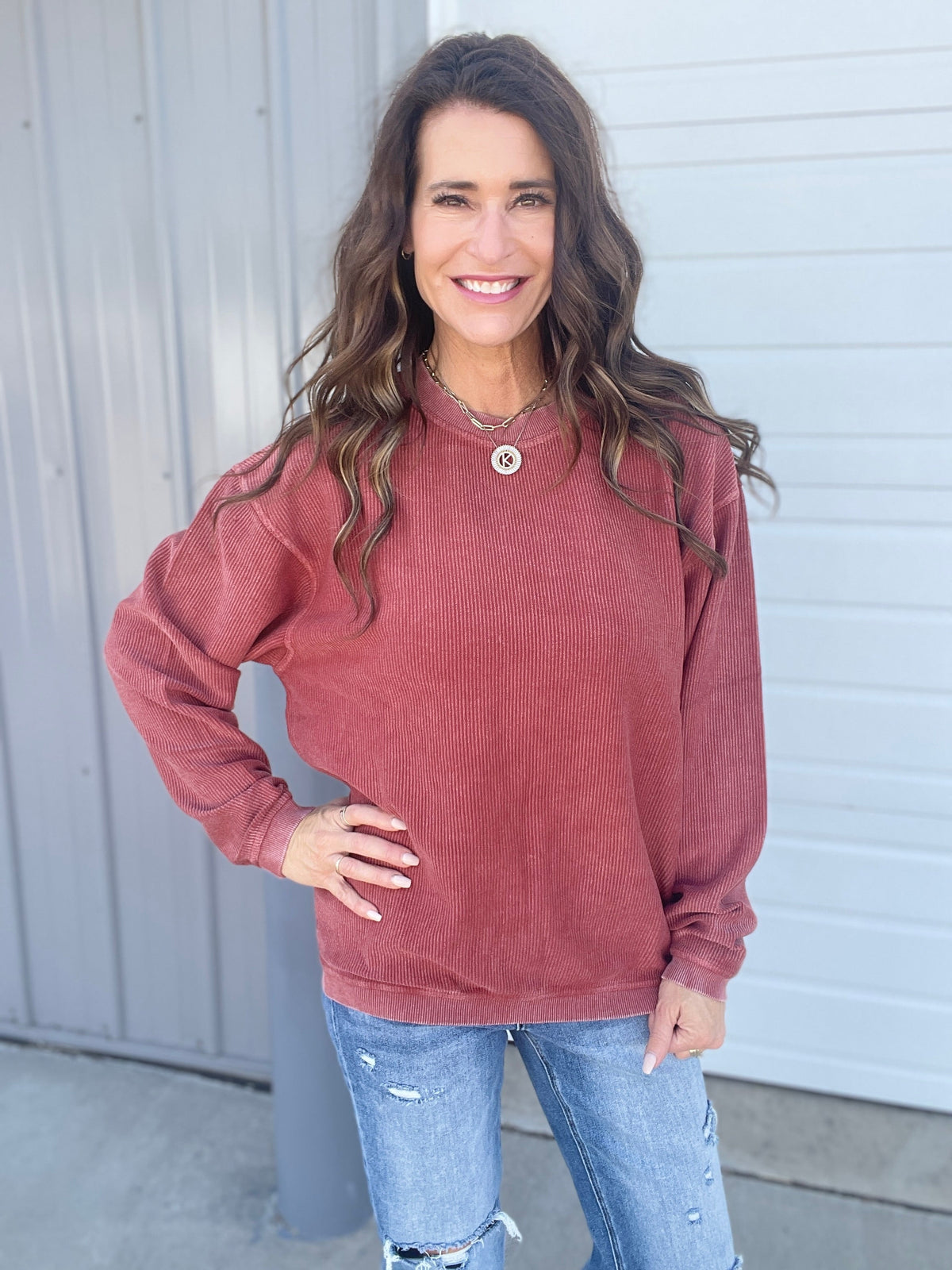Fired Brick Snow Washed Corded Crewneck Pullover Sweatshirt
