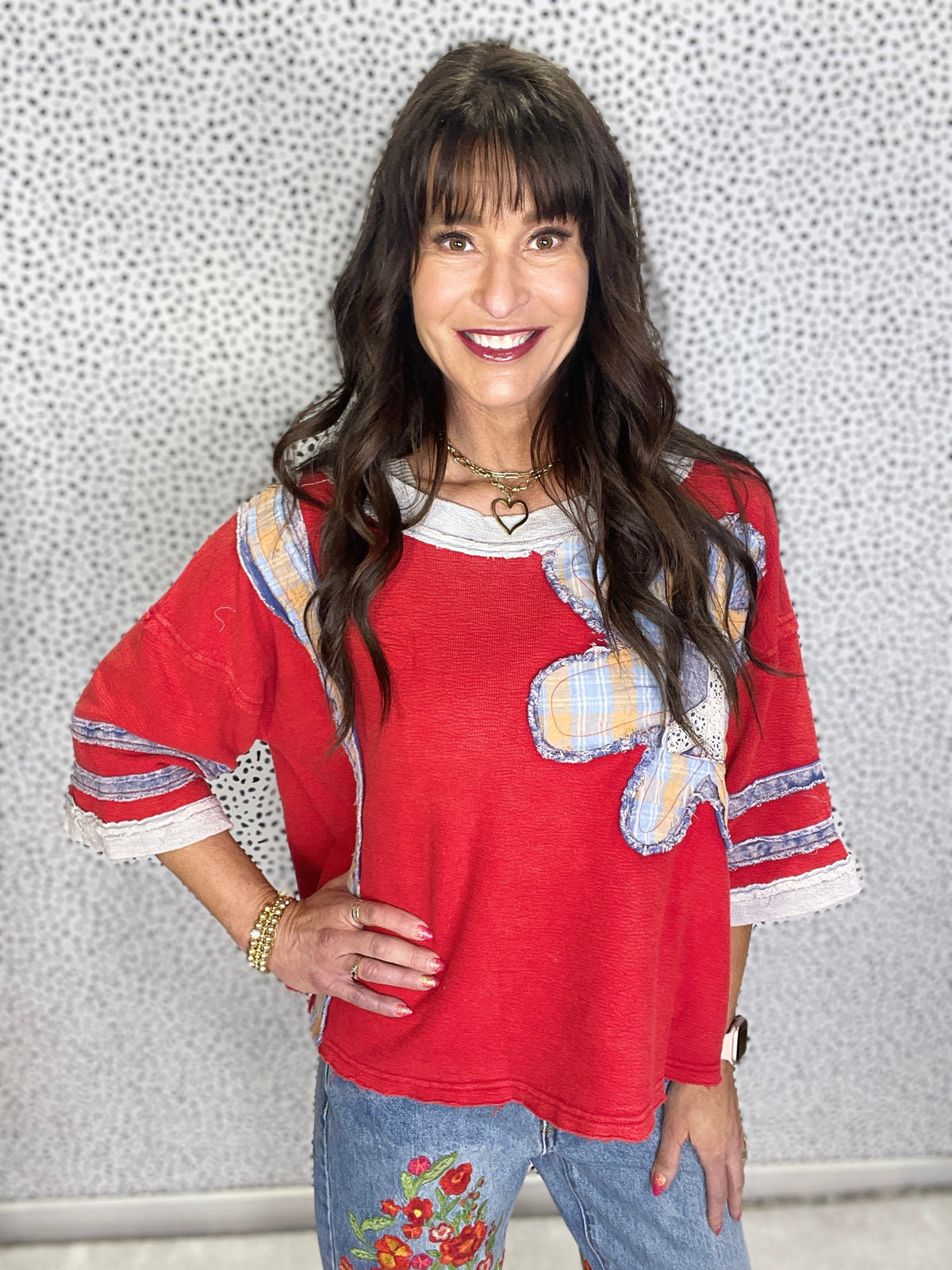Oli & Hali Boho Bloom Patchwork Knit Top In 2 Colors