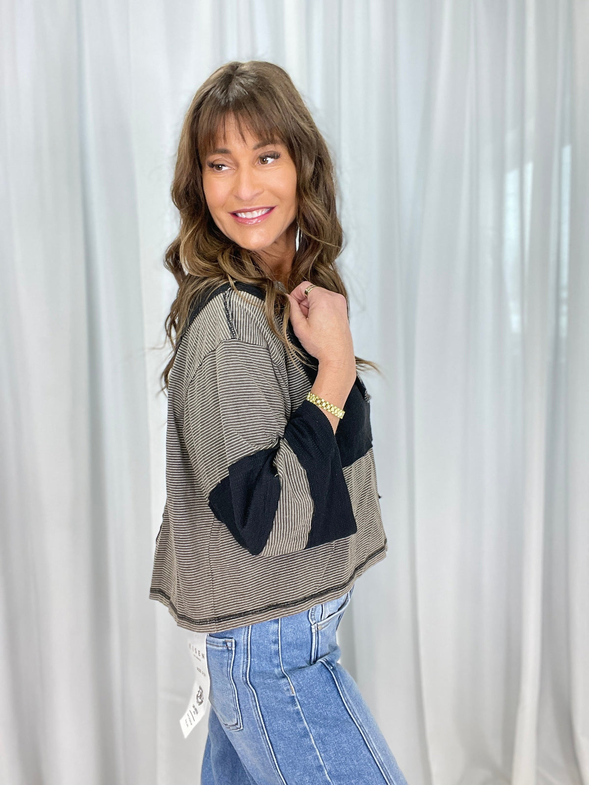 Pol Midnight Stripe V-Neck Colorblock Top