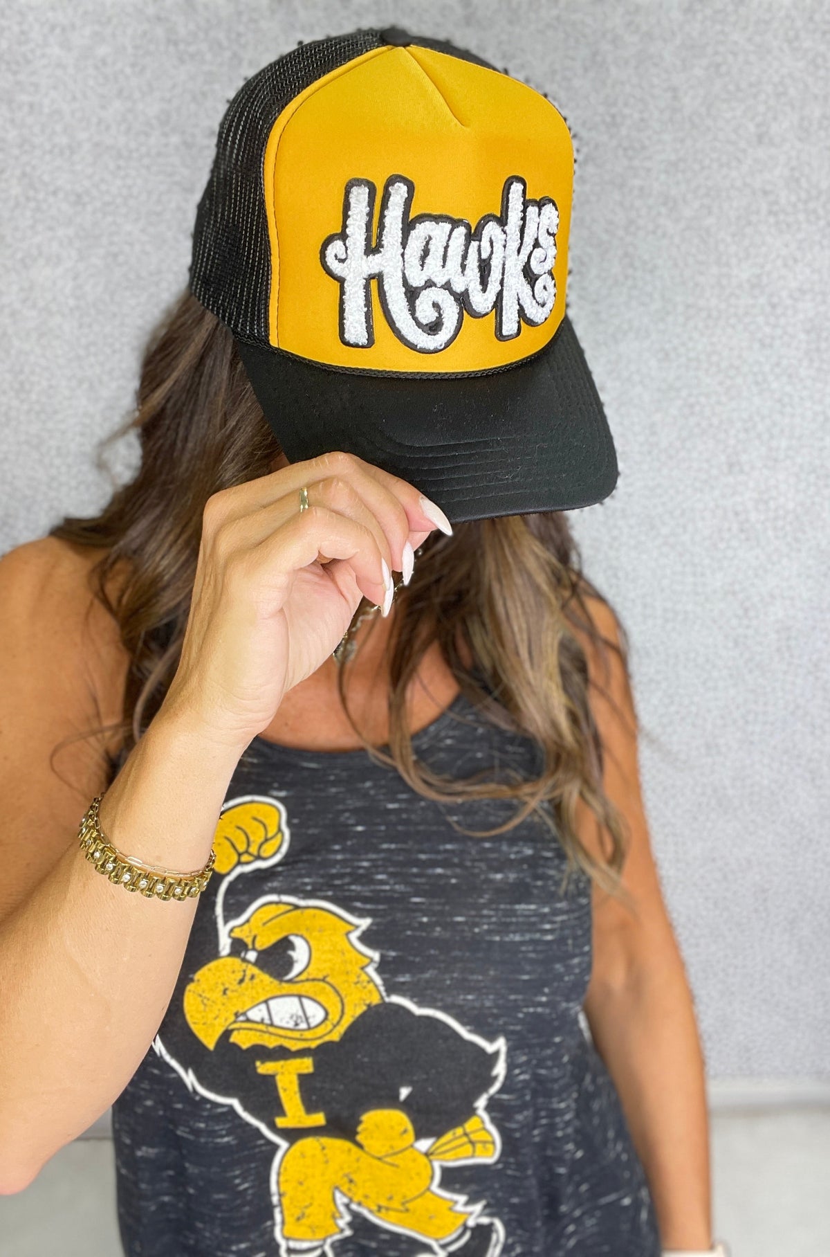 Black & Gold Hawks Textured Patch Trucker Cap