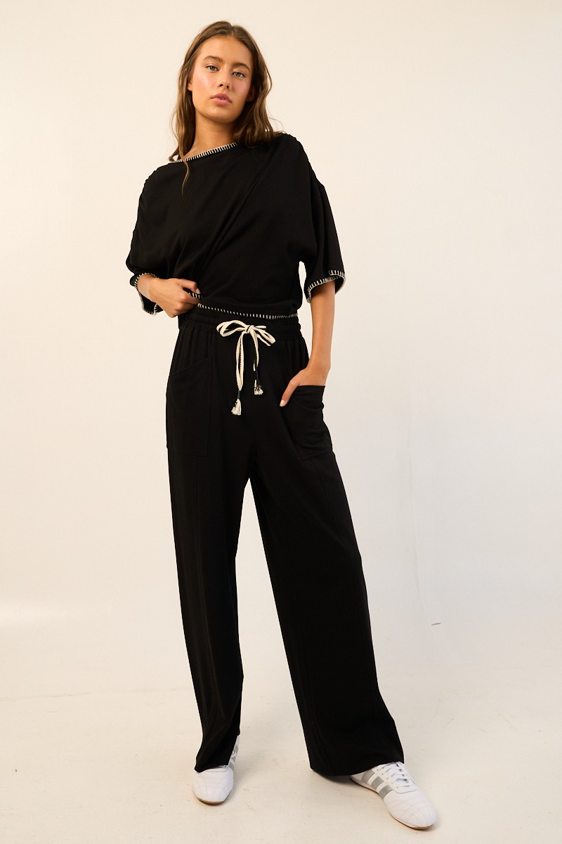 Wide Leg Drawstring Pants In Black